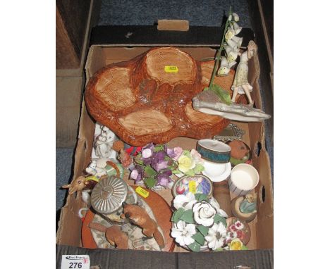 Tray of assorted items to include: Crown Staffordshire 'Floral Bouquets'; Wedgwood 'The Four Seasons' collection figure; Roya