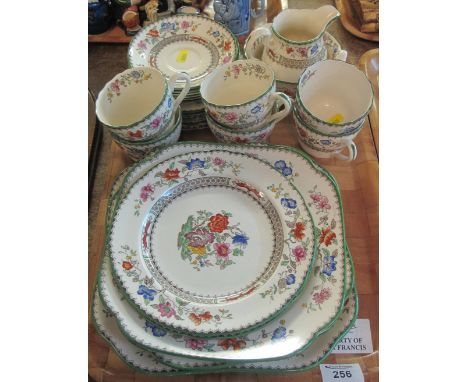 Tray of Copeland Spode 'Chinese Rose' teaware comprising: cups and saucers; various plates; square bowl; milk jug and sucrier