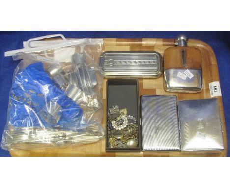 Tray of assorted white metal items including: cutlery; napkin rings; cigarette cases and box; leather mounted hip flask etc.