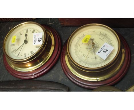 Metamec brass bulkhead type clock together with a matching brass bulkhead type barometer. (2)