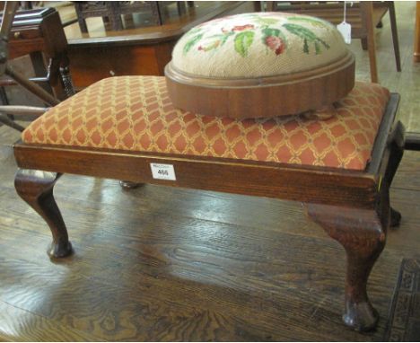 Victorian mahogany circular footstool with tapestry floral decoration together with another 20th Century oak rectangular foot