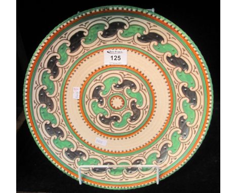 Crown Ducal Pottery Charlotte Rhead design tube lined, 'C' scroll banded plaque.  Printed marks with painted signature.