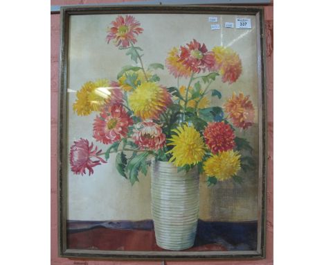 Florence R. Walker, still life study, vase of chrysanthemums, signed, watercolours.  Framed and glazed.