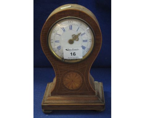 Edwardian inlaid mahogany balloon shaped boudoir clock with enamel face and French brass drum movement.