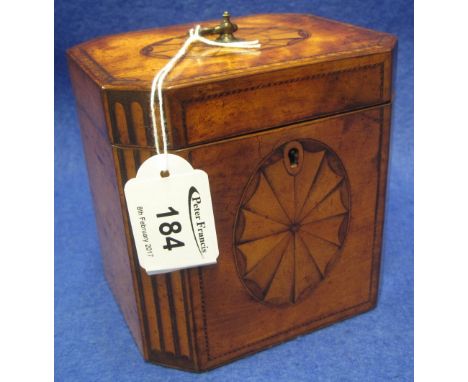 18th Century inlaid satinwood tea caddy with shell panels and canted angles.   CONDITION REPORT:  Some of the liner still rem