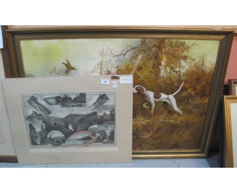 Large sporting furnishing print, Pointer flushing partridge, oils on canvas, framed, together with an unframed, mounted engra