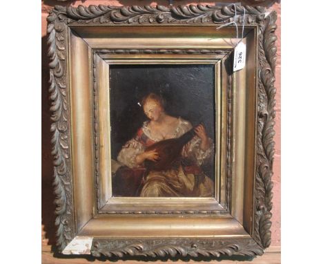 Portrait study of a woman in Elizabethan dress playing a lute, oils on board.  Gilt frame.   CONDITION REPORT:  19th Century