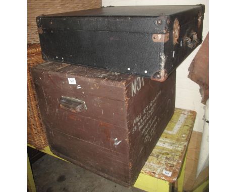 Stained two handled trunk, together with a square vintage suitcase. (2)