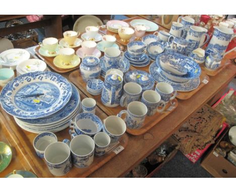 Four trays of Spode Italian blue and white items comprising: graduated jugs; baluster jugs; plates; wall clock; Spode 'Blue R