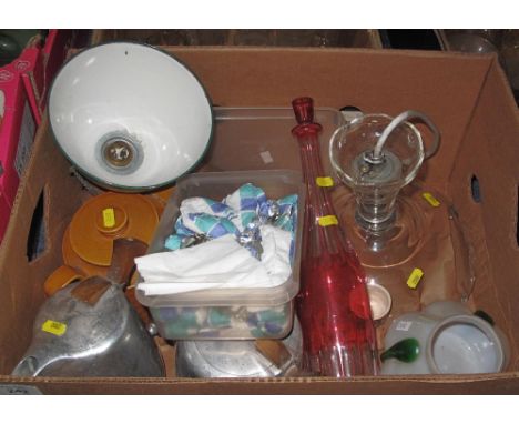 Tray of assorted items to include: enamel light fitting and other glass light fittings; flash cut decanter and stopper; picqu