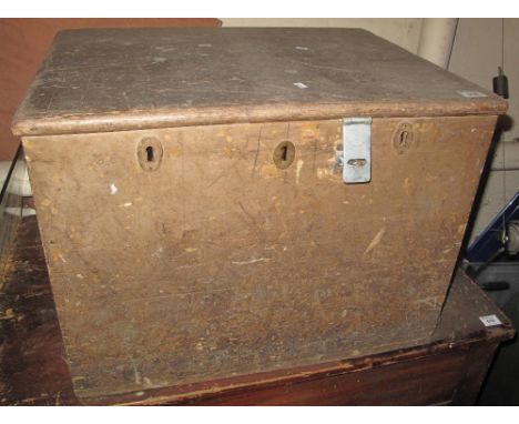 Vintage stained pine four section box or trunk with metal carrying handles, marked: Water, St. Chapel.