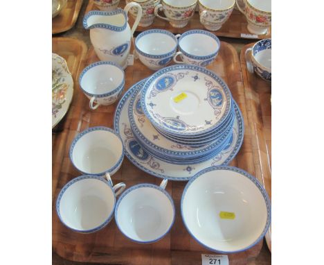 Tray of Royal Worcester tea set on a white ground with panels of Classical figures and cherubs, comprising: cups; saucers; pl