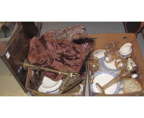 Two boxes of assorted items to include: fur jacket and stole; Wedgwood dinnerware items; Coalport lidded vase; pair of glass 