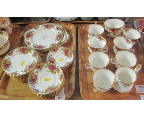 Two trays of Royal Albert bone china 'Old Country Roses' teaware comprising: teacups and saucers; side plates; sandwich plate