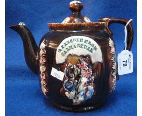 Early 20th Century Meerschaum Pottery barge ware type treacle glazed and sprigged baluster cottage teapot, 'a present from Ca