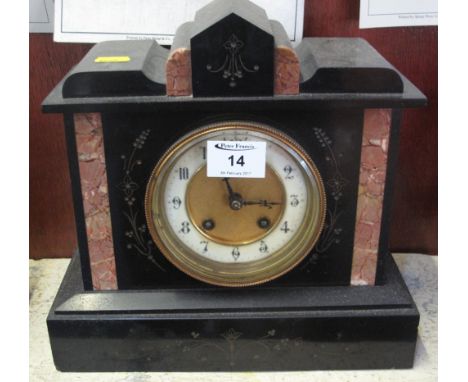 Late Victorian black slate and marble two train architectural mantel clock with French brass drum movement striking on one go