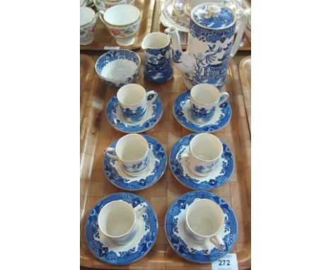 Tray of Burleigh ware 'Willow' blue and white coffee set comprising: set of six coffee cans and saucers; milk jug; sucrier an