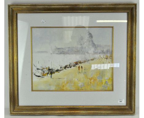 A Continental oil on canvas depicting a seascape with boats moored to shore, possibly Venice, framed and glazed, 46cm x 36cm