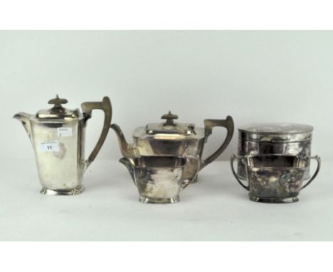 Art Deco silver plated part tea service, comprising: a teapot and cover, a coffee pot and cover, a milk jug and a sugar bowl,