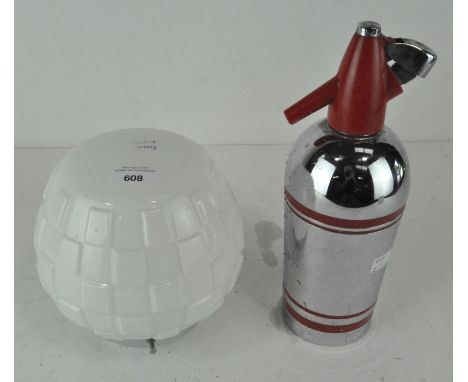 A retro red and chrome 'Sparklets Limited' soda syphon, height 29 cm, and a chrome and white glass light shade, height 18 cm
