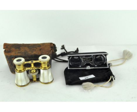Two pairs of opera glasses, comprising: a Victorian mother of pearl and brass pair in leather case, together with a folding R