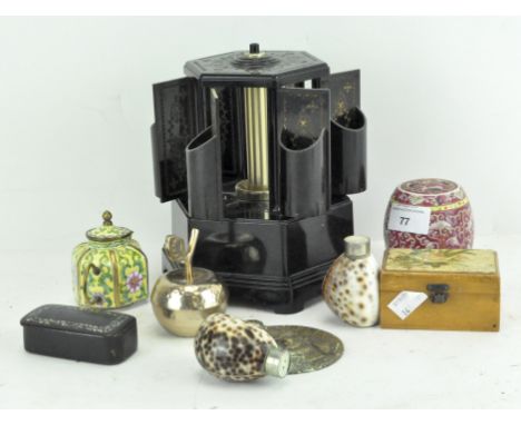 Assorted collectables, including a Victorian ebonised shell inlaid snuff box, a musical cigarette dispenser, a Chinese barrel