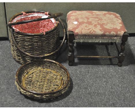 A vintage French round wicker sewing basket with bamboo handles, lined with red and white fabric, height 32, diameter circa 3