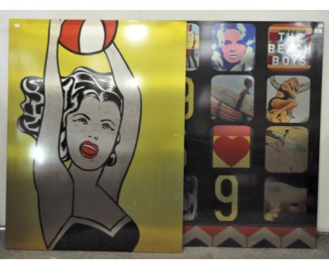 Two large pop art metal print artworks on wooden stretchers, both 131 cm x 100 cm