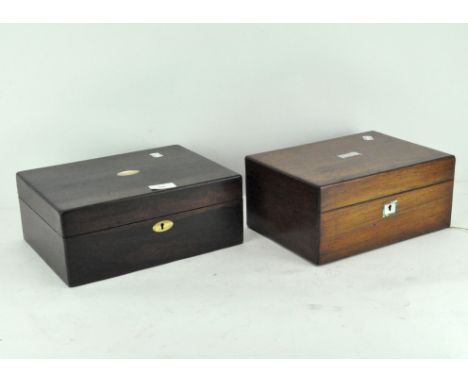 Two Victorian jewellery or work boxes, the first rosewood, inlaid with rectangular mother of pearl, the interior with fitted 