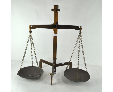 A vintage 'Class B' set of scales, to weigh 6000 grams, with gilt-metal stand on adjustable tripod feet, issuing two scales, 