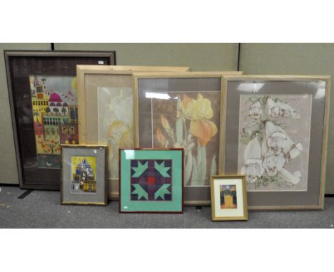 Four pieces of contemporary Eastern artwork, including a silk painting of a cityscape, print of the mosque, and a fabric pane