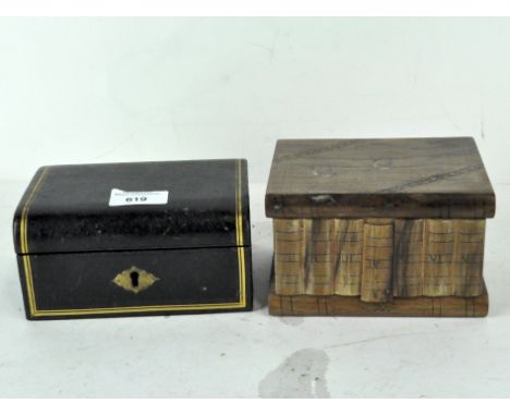 A vintage wood and mosaic inlaid puzzle jewellery box in the form of books with a mirror to the inside and lined in red, 9 cm