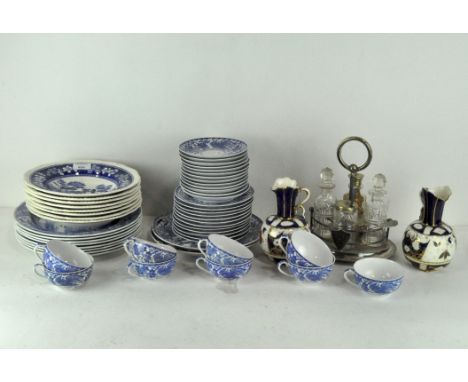 A selection of 20th century blue and white china, including Spode 'Blue Tower' soup bowls, a part tea service, two gilt blue 