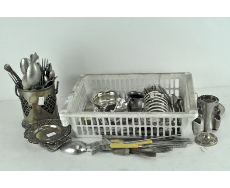 A collection of silver plate, comprising flatware, pierced stands, photo frame, candlestick and other pieces