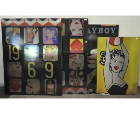 Two large metal pop art print artworks on stretchers, '1969', 'Playboy', and a Lichtenstein image, largest 131 cm x 100 cm