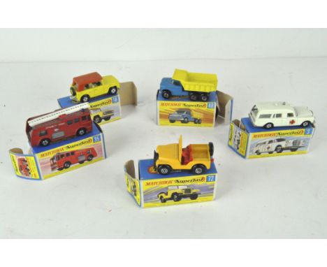 Five Matchbox Superfast trucks and medical vehicles, comprising no.18 'Field Car', no.72 'Standard Jeep', no.3 'Mercedes Benz