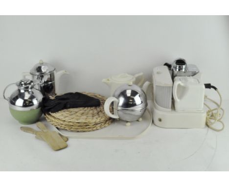 An assortment of retro tea wares, including a Thermos model 70 chrome flask, PBB chrome mounted ceramic tea pots and more, to