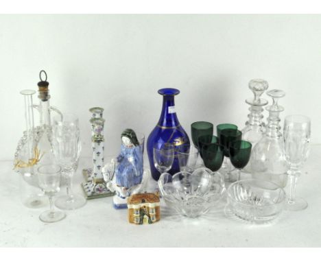 A selection of contemporary glassware, including four decanters, a set of six green topped spirit glasses and two dishes, tog