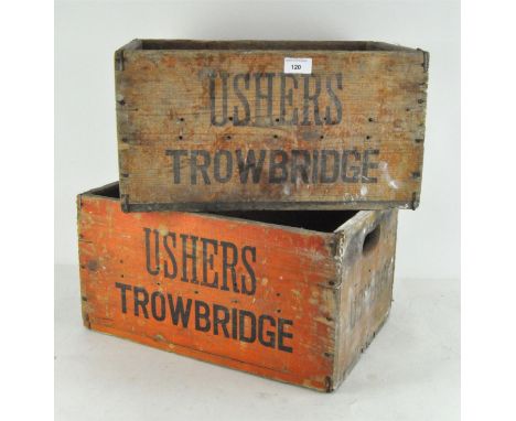 Two vintage Alcohol wooden crates, each with branding to sides "Ushers Trowbridge" one with bottle divider within, 44 cm x 30