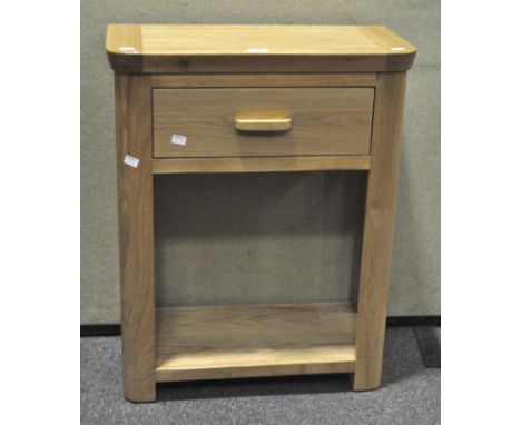 A modern light oak side table with single drawer and lower shelf, 75 cm x 59.5 cm x 30 cm