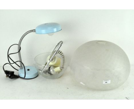 A 1970's electric adjustable desk lamp, enamelled in pale blue, together with a large etched and frosted glass shade and one 