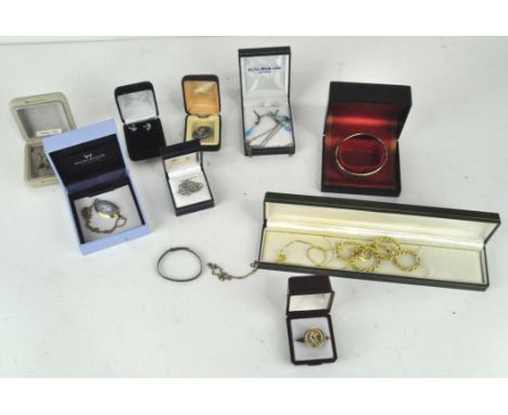 A selection of assorted silver and other jewellery, including a Christening bangle, pair of blue stone earrings, gold plated 