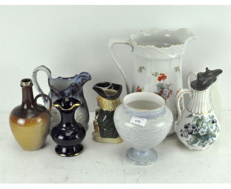 A selection of vintage stoneware jugs and vases including a  Shelley Moire Antique globular vase with blue textured 'water' p