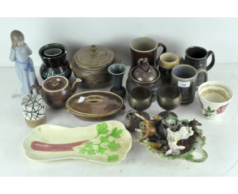 A selection of assorted ceramics, to include glazed stoneware pots, Irish Wade tankard and a Nao figure of a girl 