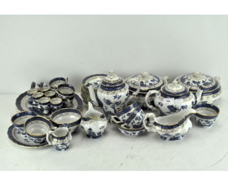 A vintage part blue and white with gilt breakfast service, Booths 'Real Old Willow', pattern number A8025