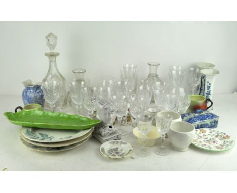 A large group of vintage and modern glassware and decanters together with various stoneware tableware