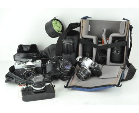 A collection of vintage camera and equipment, comprising: an Olympus OM10, assorted lenses, a RICOH KR-10X, a Pentax ME Super
