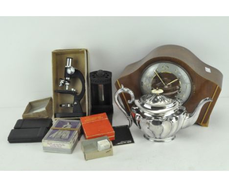 A selection of collectables, including: a Smiths wooden cased mantle clock, with silvered chapter ring, a Clearvu microscope,