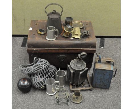A large vintage metal trunk with a star to the top, 36 cm x 38 cm x 58 cm containing a selection of metalware, including lant