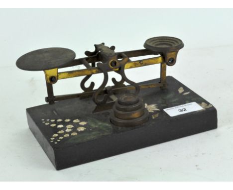 A set of Victorian S. Mordan &amp; Co. (London) stone mounted brass scales, inlaid in malachite and white stones with lily of